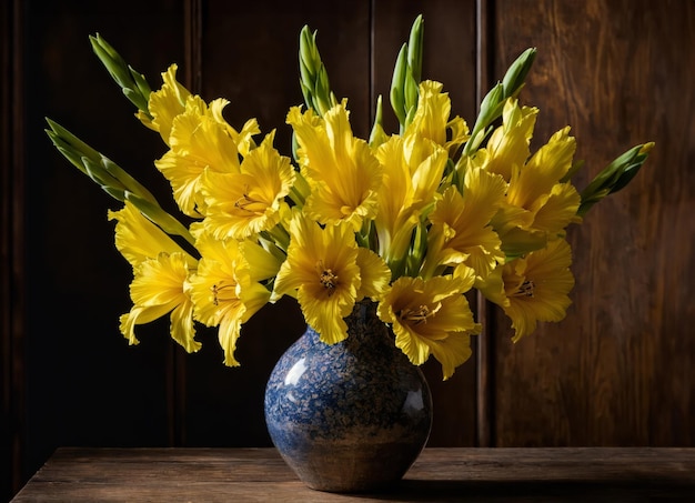 Gladioli in un vaso su un tavolo di legno