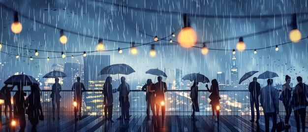 Glamorous Rainsoaked Rooftop Soiree Stylish Umbrellas e Cityscape Vibes catturati nell'arte digitale