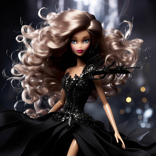 Glamour in monocromatico Barbie posa in abito nero onice incorniciato da luci luminose