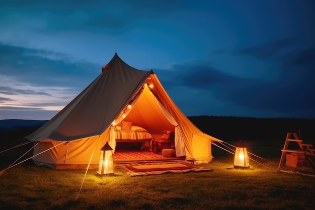 Glamping nella vita da campeggio glamour di lusso serale nella natura generata dall'intelligenza artificiale