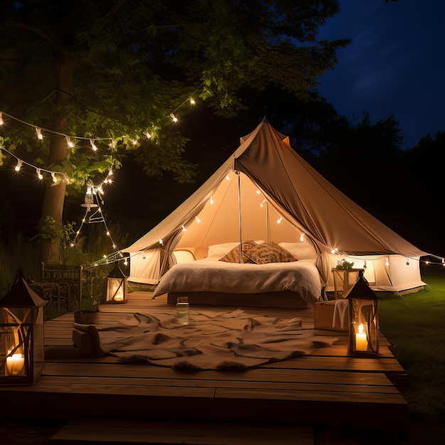 Glamping Tenda a campana illuminata di notte Glamping di notte luci notturne della tenda incandescente