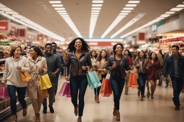 Gli acquirenti del Black Friday attraverso i corridoi con la borsa in mano si aggrappano alle occasioni in un frenetico balletto al dettaglio