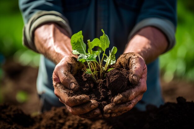 Gli agricoltori controllano a mano la salute del suolo in una fattoria biologica