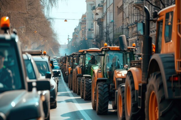 Gli agricoltori scioperano contro i trattori Protesta dei conducenti di trattori per le strade di una città europea Rally