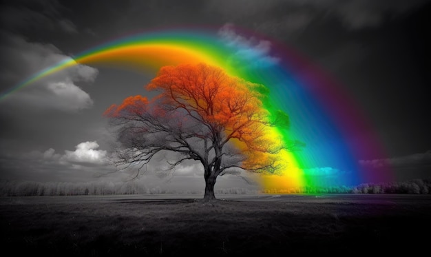 Gli alberi arcobaleno offrono uno spettacolo mozzafiato nella foresta Creazione utilizzando strumenti di intelligenza artificiale generativa