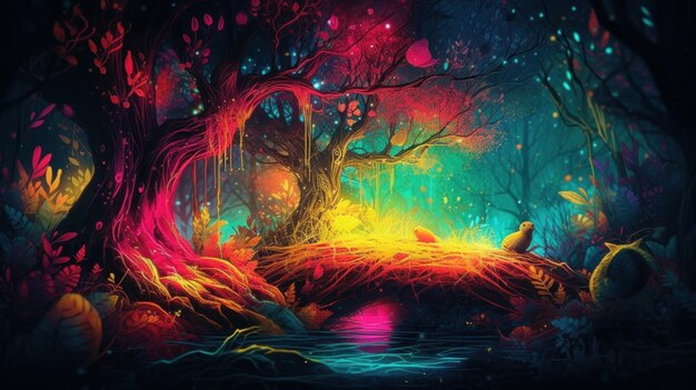 Gli alberi della foresta in colori fantastici al neon