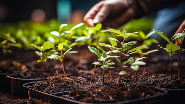 Gli alberi germogliano prima di piantare l'eco-attivista pianta i germogli della foresta si prende cura dell'ecosistema generato dall'IA