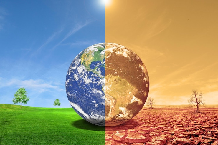 Gli alberi nel prato da un lato sono perfetti l'altro lato è asciutto il paesaggio dei cambiamenti climatici con la terra secca Prato concetto di riscaldamento globale