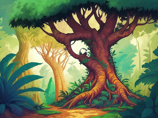 Gli alberi nell'illustrazione del fumetto della foresta