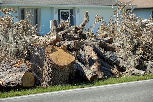 Gli alberi tagliati e i rami caduti sono stati smaltiti in mucchi sul lato della strada dopo che l'uragano ha gravemente danneggiato le case nella zona residenziale delle case mobili in Florida.