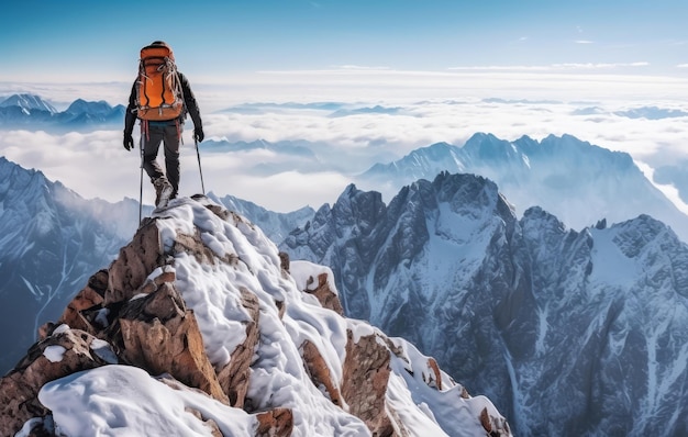 Gli alpinisti che conquistano le cime trionfano nei paesaggi innevati