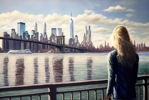 Gli americani camminano godendosi la vista di Manhattan sul fiume Hudson dal lato di Brooklyn