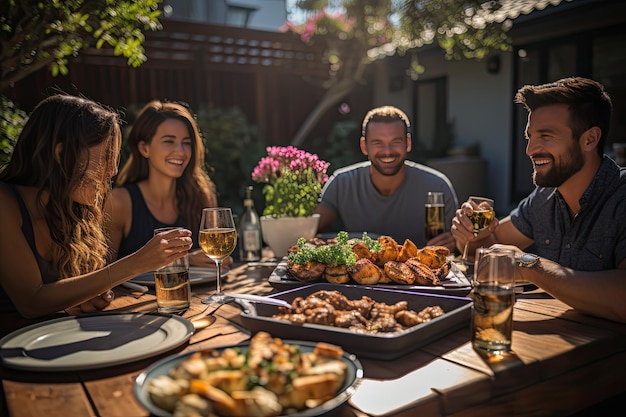 Gli amici festeggiano con barbecue e birra fresca sotto il sole generativo IA