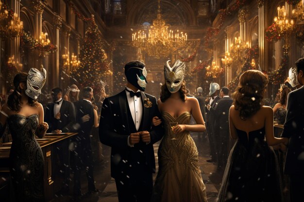 gli amici hanno partecipato a un ballo in maschera ballando tutta la notte in abiti eleganti