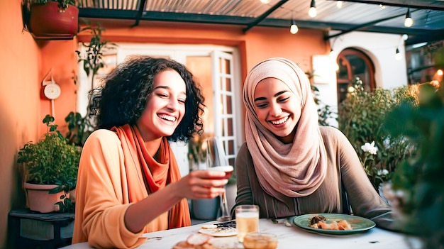 Gli amici musulmani condividono le risate della celebrazione all'aperto