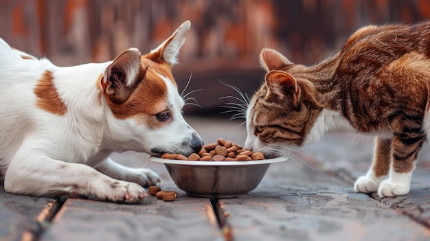 Gli amici pelosi cenano felicemente con il cane e il gatto.