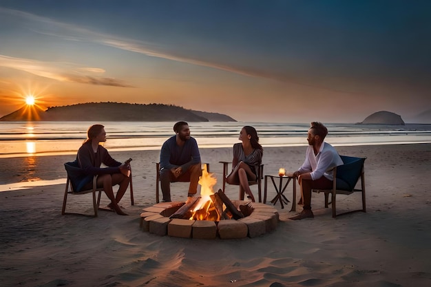 Gli amici si siedono attorno a un fuoco su una spiaggia al tramonto.