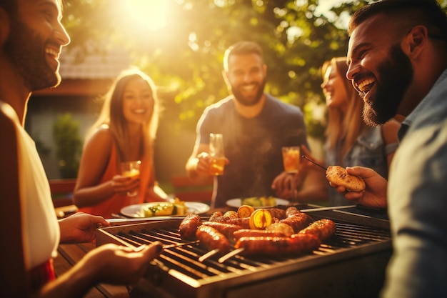 Gli amici si sono riuniti attorno a una griglia a barbecue ridendo e godendosi il cibo