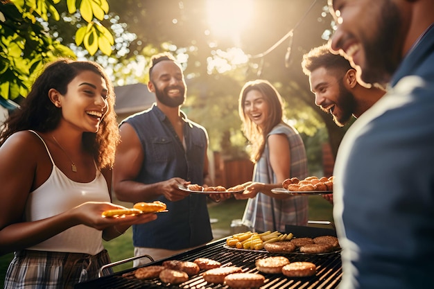 Gli amici stanno facendo un barbecue in un picnic.