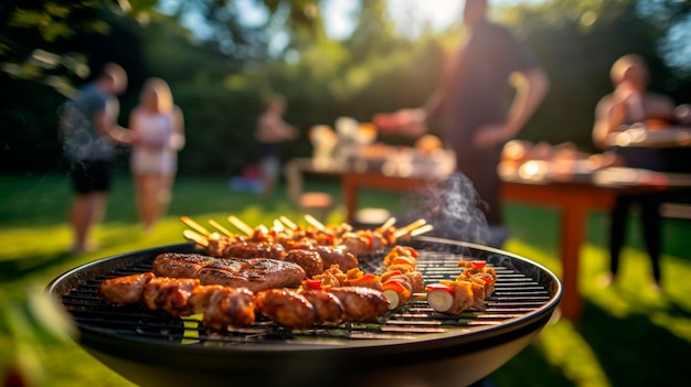 Gli amici stanno facendo un barbecue nel cortile. Focalizzazione selettiva.