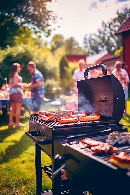 Gli amici stanno facendo un barbecue nel cortile. Focalizzazione selettiva.