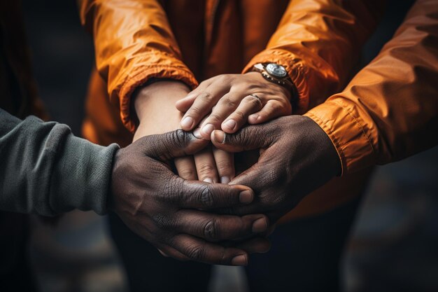 Gli amici uniscono le mani giunte dimostrando il potere del lavoro di squadra