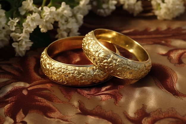Gli anelli nuziali giacciono sul bellissimo piatto d'oro decorato