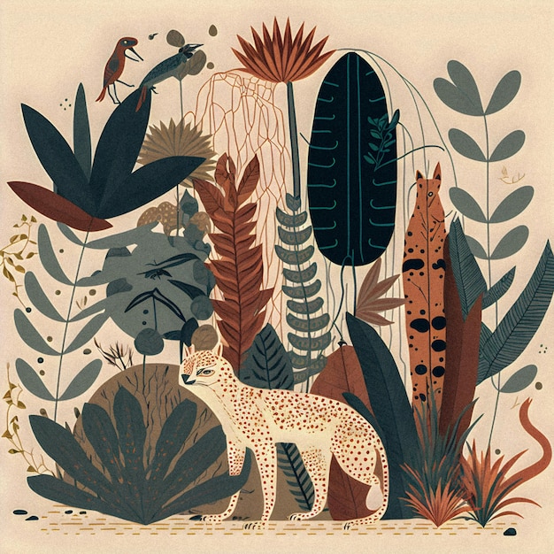 Gli animali della giungla impostano la trama granulare del design piatto colorato dell'illustrazione del modello