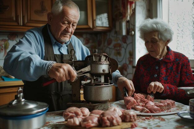 Gli anziani cucinano piatti di carne.