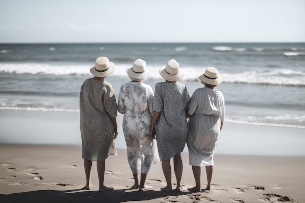 Gli anziani godono di compagnia sulla soleggiata spiaggia estiva