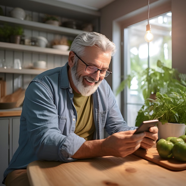 Gli anziani usano felicemente i loro telefoni cellulari in cucina a casa, scorrendo attraverso gli schermi degli smartphone.