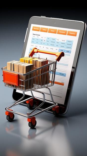 Gli appunti 3D integrano il carrello per gli acquisti online organizzati. Sfondo mobile verticale