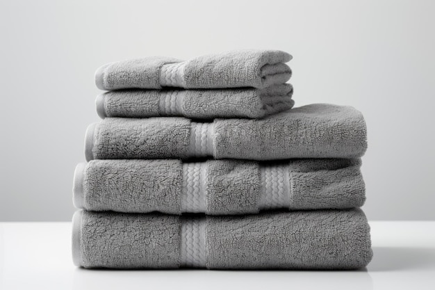 Gli asciugamani di spugna grigi sono disposti ordinatamente con alcuni arrotolati, piegati e impilati da soli. Gli asciugamani a