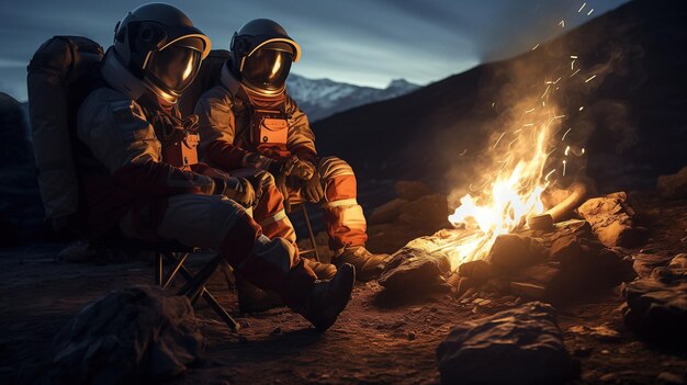 Gli astronauti del falò cosmico si avvicinano al fuoco su Marte, una scena surreale sull'intelligenza artificiale generativa del pianeta rosso
