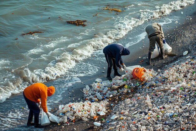 Gli attivisti raccolgono i rifiuti di plastica sulla spiaggia Uomini e donne puliscono la spiaggia con sacchetti