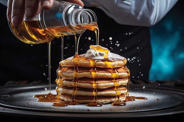 Gli chef versano lo sciroppo a mano sui pancake freschi