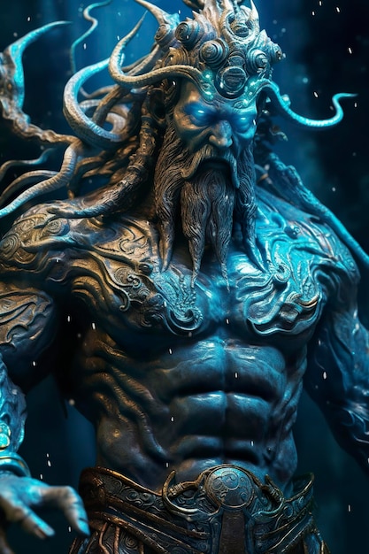 Gli dei del mare Zeus dio Necronomicon dei del mare dio futuristico elementi scifi bronzo scuro e azzurro chiaro primo piano AI Generativo