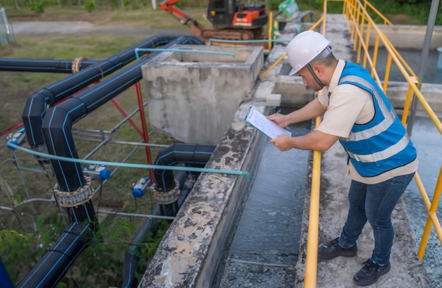 Gli ingegneri ambientali lavorano negli impianti di trattamento delle acque reflue Ingegneria dell'approvvigionamento idrico che lavora presso l'impianto di riciclaggio dell'acqua per il riutilizzo