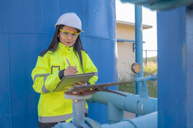 Gli ingegneri ambientali lavorano negli impianti di trattamento delle acque reflueTecnico idraulico femminile che lavora presso l'approvvigionamento idrico