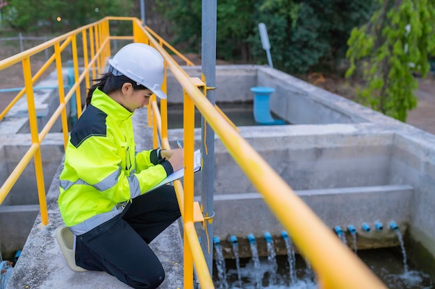 Gli ingegneri ambientali lavorano presso gli impianti di trattamento delle acque reflue Ingegneria dell'approvvigionamento idrico che lavora presso l'impianto di riciclaggio dell'acqua per il riutilizzoControllare che la quantità di cloro nell'acqua rientri nei criteri