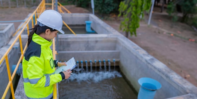 Gli ingegneri ambientali lavorano presso gli impianti di trattamento delle acque reflue Ingegneria dell'approvvigionamento idrico che lavora presso l'impianto di riciclaggio dell'acqua per il riutilizzoControllare che la quantità di cloro nell'acqua rientri nei criteri