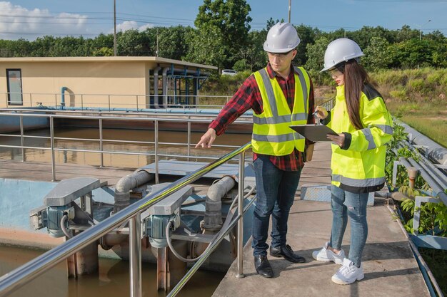 Gli ingegneri ambientali lavorano presso gli impianti di trattamento delle acque reflue L'ingegneria dell'approvvigionamento idrico lavora presso l'impianto di riciclaggio dell'acqua per il riutilizzo. Tecnici e ingegneri discutono del lavoro insieme