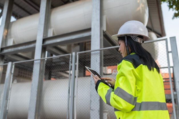 Gli ingegneri lavorano sul posto di lavoro per mantenere il programma di manutenzione preventiva dell'elio liquido che controlla la gente della Thailandia