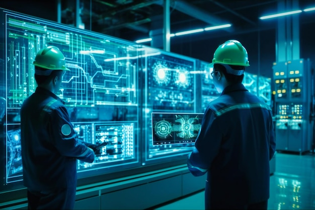 Gli ingegneri maschi utilizzano computer tablet e progetti per analizzare i dati del progetto della centrale elettrica sulla rete
