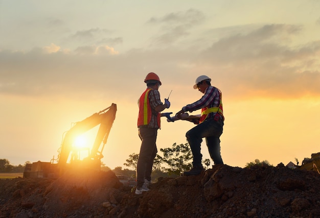 Gli ingegneri stanno lavorando alla costruzione di strade. ingegnere che tiene la comunicazione radio al cantiere stradale con il compattatore a rulli che lavora sulla strada della polvere durante il tramonto