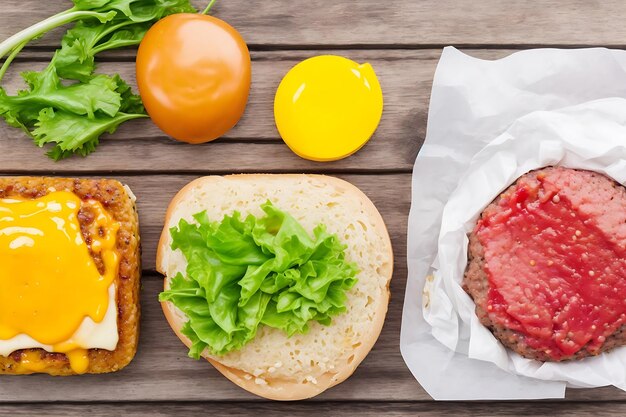 Gli ingredienti per l'hamburger su fondo di legno verde