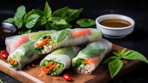 Gli involtini freddi estivi con tofu e verdure sono un'ottima opzione per un pasto o uno spuntino rinfrescante e leggero con carta di riso che fornisce un involucro senza glutine per il ripieno nutriente Generato da AI