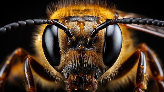Gli occhi dell'ape da vicino colpiscono l'occhio nero e il corpo arancione su uno sfondo nero