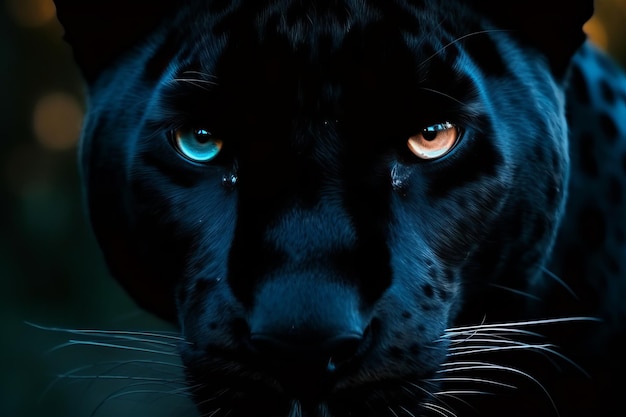 Gli occhi di un giaguaro nero brillano di arancione e blu.