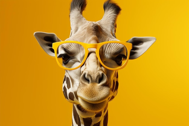 Gli occhiali da sole gialli aggiungono un tocco di stile a questo ritratto monocromatico di giraffa